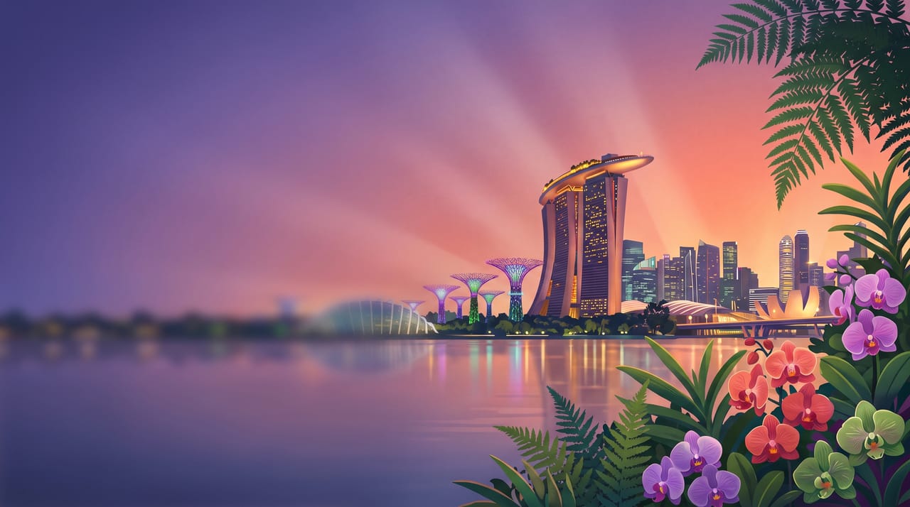 Illustration von Marina Bay Sands und den Supertrees der Gardens by the Bay in der Dämmerung, Singapur